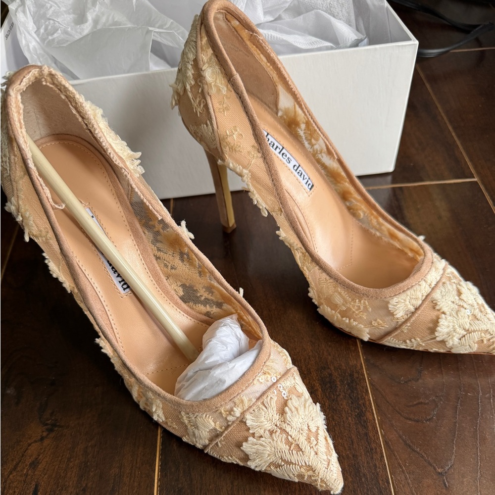 Charles David “Chaser” Embroidered Mesh Heels stiletto Nude Size 7.5M NIB